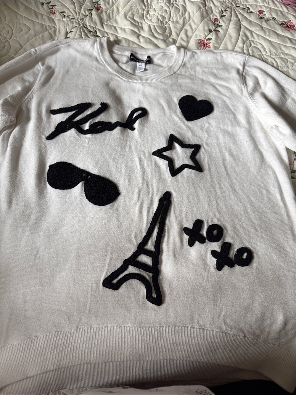 Karl Lagerfeld White Pullover Sweater with Black Graphic Motifs